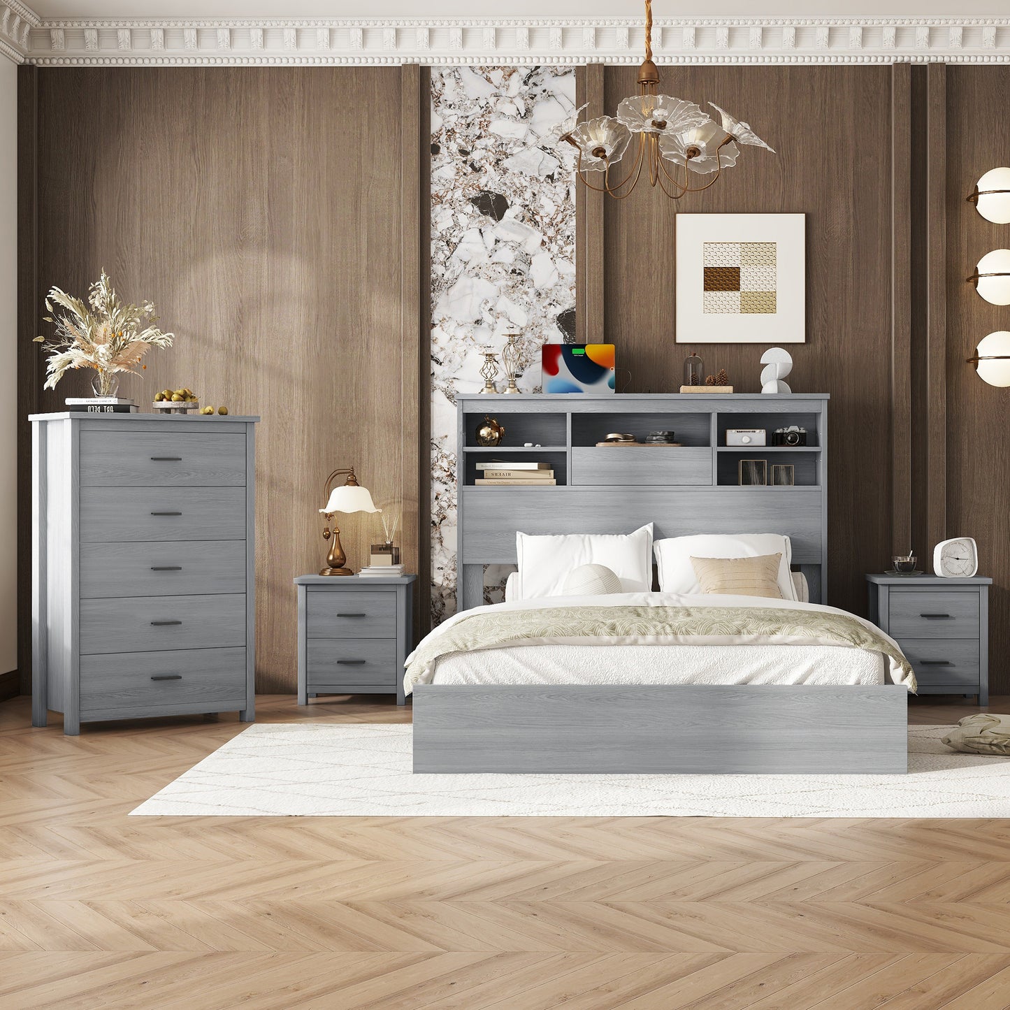 4-Pieces Bedroom Sets Queen Size Vintage Wooden Bed Frame with 2 Nightstands and 1 Dresser,Light Gray