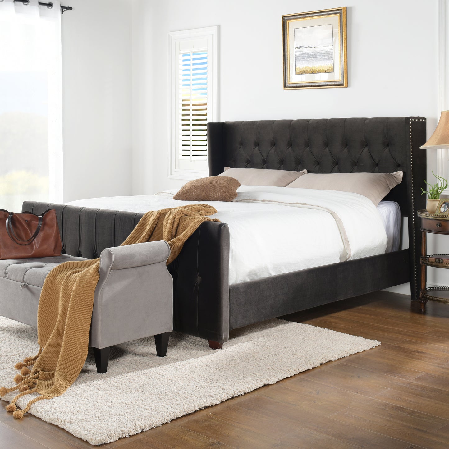 David Tufted Wingback King Bed, Dark Charcoal Grey Velvet