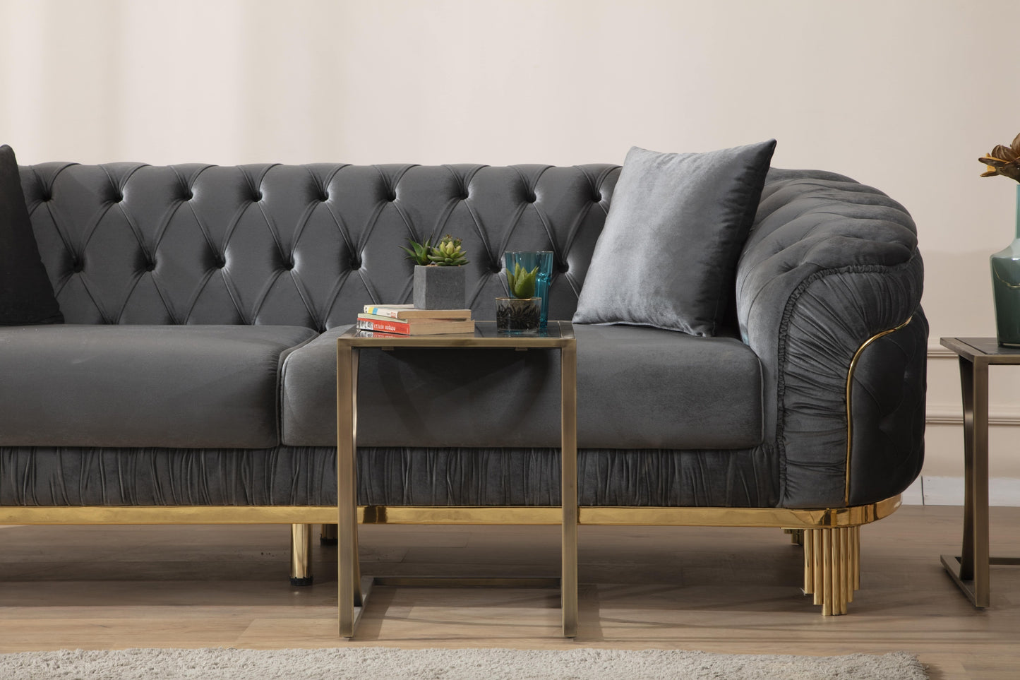 Vanessa Sofa in Grey and Gold with Fabric button-tufted velvet upholstery Finish