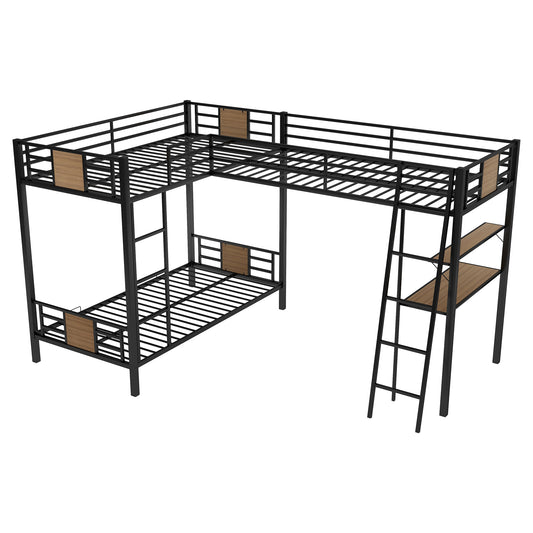 L-Shaped Twin over Twin Bunk Bed with Twin Size Loft Bed, Brown