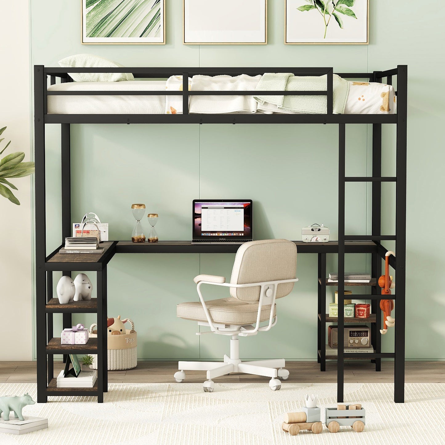 Full Metal Loft Bed with Desk and Shelves, Loft Bed with Ladder and Guardrails, Loft Bed Frame for Bedroom, Black (Old SKU: W1307S00018)