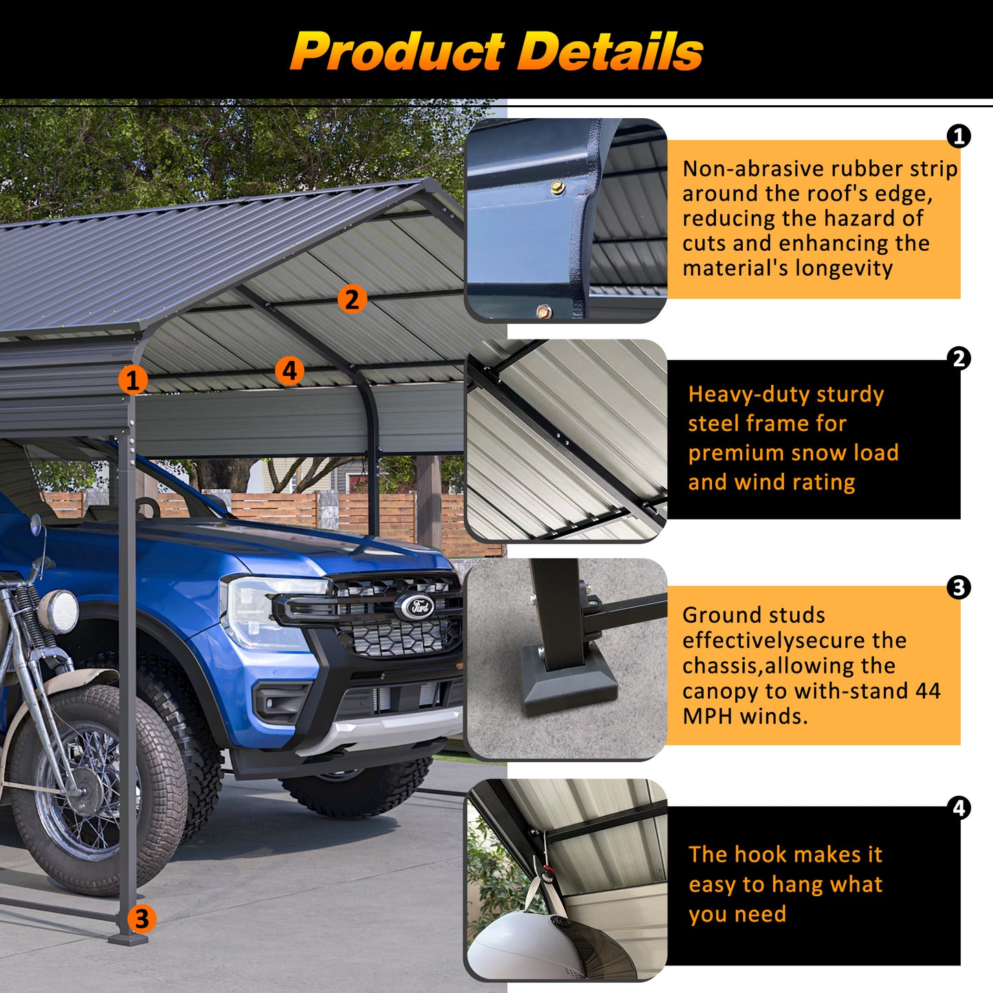 12X20 FT Metal Carport, Outdoor Car Shelter All Weather, Heavy Duty Outdoor Galvanized Car Shelter for Car Boat Truck and SUVs Black