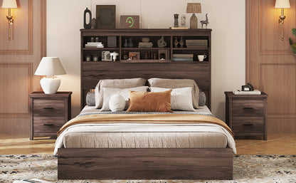 Queen Size Wooden Platform Bed with Storage Headboard,American Country Style Bed with USB Charging Ports,Dark Walnut