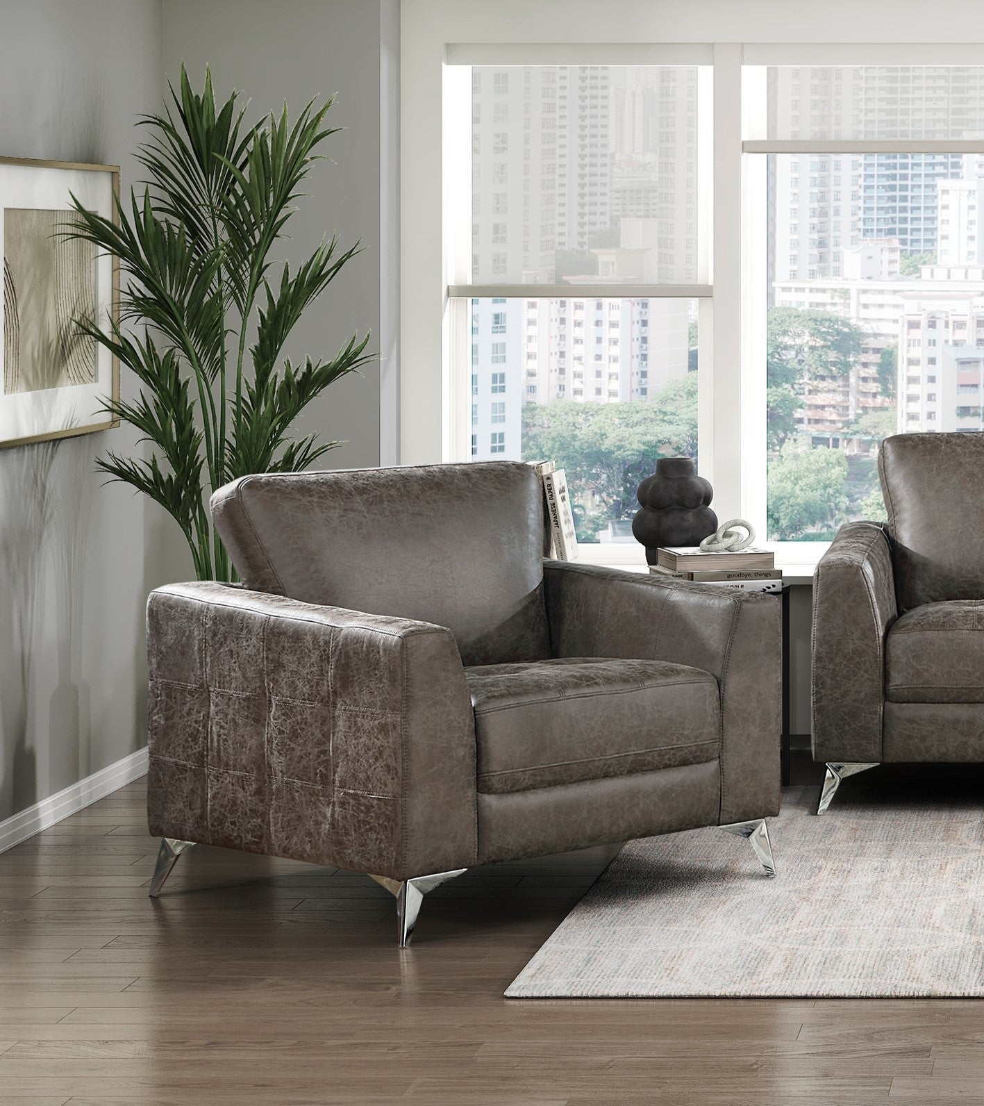 Elegant Modern Style 3pc Sofa Set Brownish Gray Polished Microfiber Upholstery Sofa Loveseat Chair Solid Wood Living Room Furniture Silver Finish Metal Legs