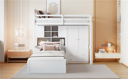 Twin Bunk Bed with Drawers, Wardrobe, Storage Shelves and Hydraulic Bed,White