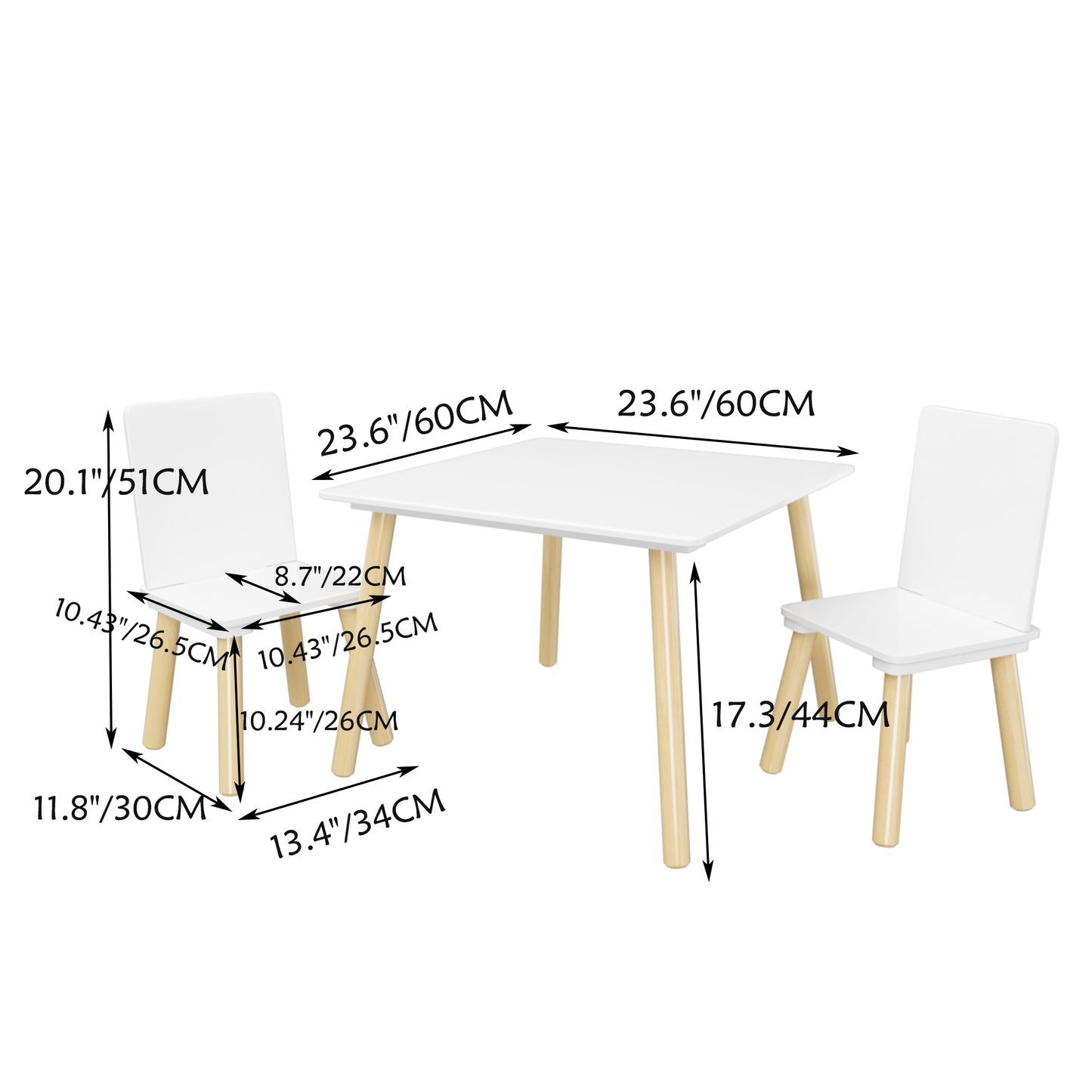 Kids Table and 2 Chairs Set, 3 Pieces Toddler Table and Chair Set, Wooden Activity Play Table Set (White)