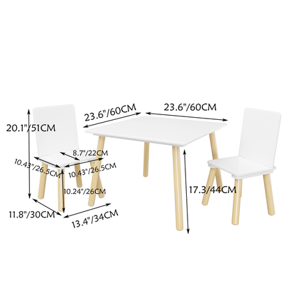 Kids Table and 2 Chairs Set, 3 Pieces Toddler Table and Chair Set, Wooden Activity Play Table Set (White)