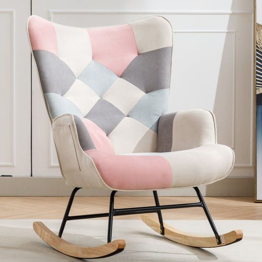 Modern Patchwork Accent Chair with Solid Wood Armrest and Feet, Mid-Century Modern Accent Sofa, Fabric Sofa Chair for Living Room Bedroom Studio, Comfy Side Armchair for Bed (pink)