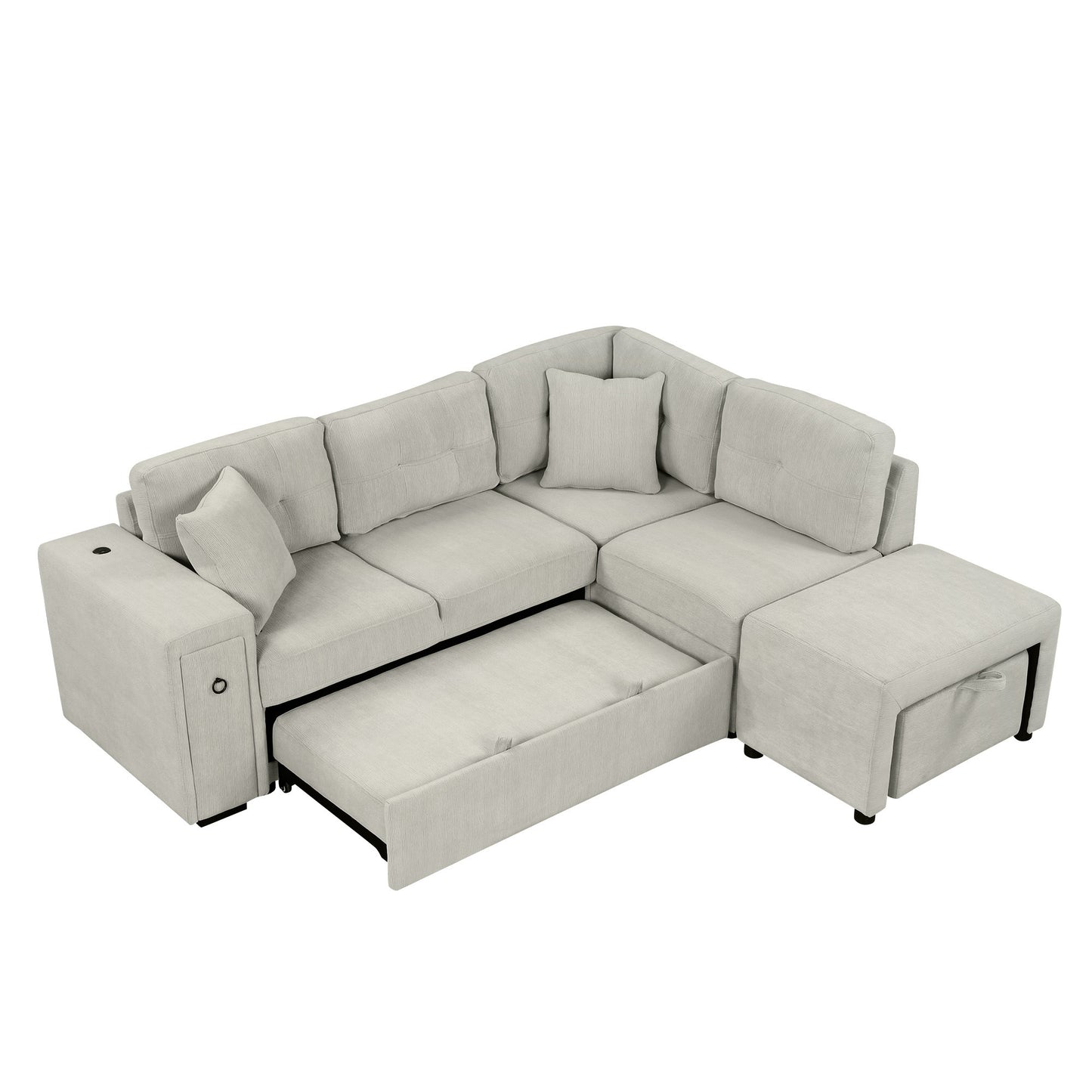 86.6" Sectional Sofa L-shaped Sofa Couch Pull-out Sofa Bed with a Movable Ottoman, Two USB Ports and Two Cup Holders for Living Room, Gray