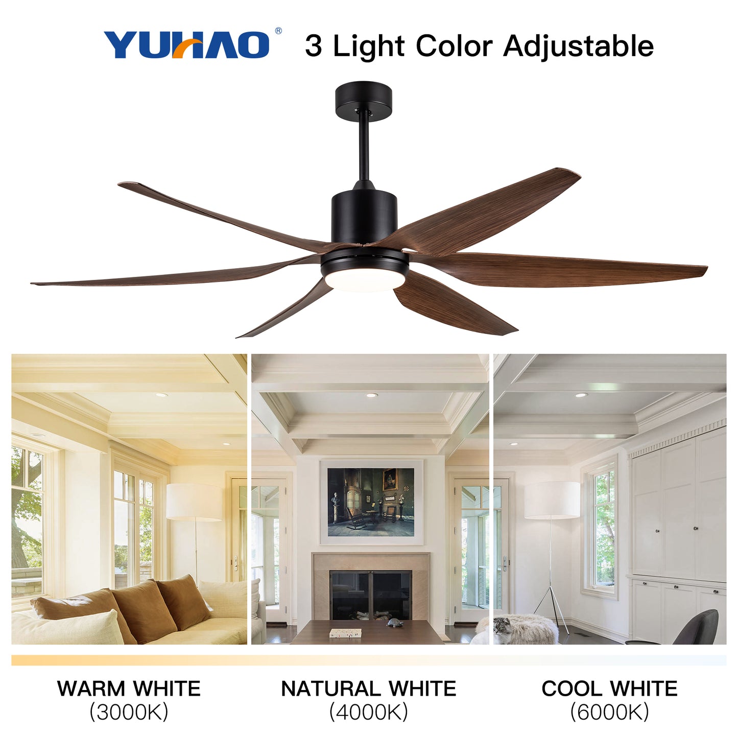 66" Vintage Ceiling Fan  Lighting with Brown Blades in Integrated LED