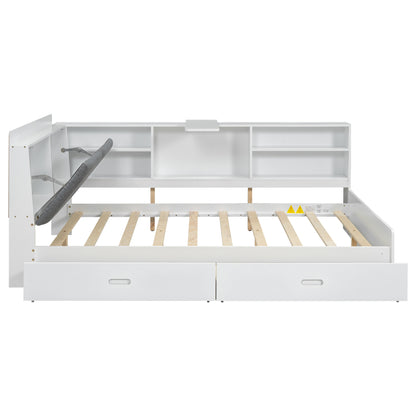 Wood Full Size platform bed with Storage Headboard, Shelves and 2 Drawers, White