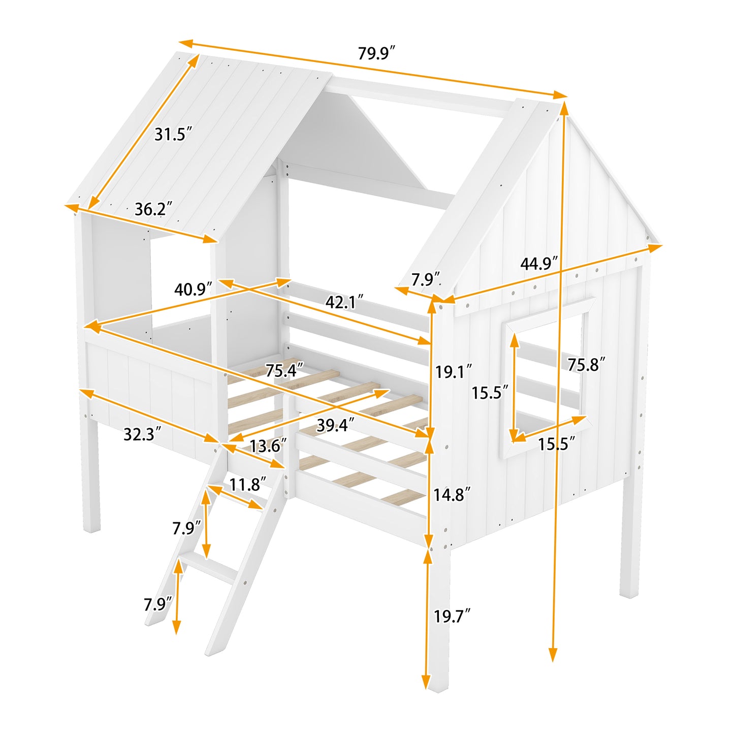 Twin Size Low Loft Wood House Bed with Two Side Windows  (White)(OLD SKU: LP000037AAK)