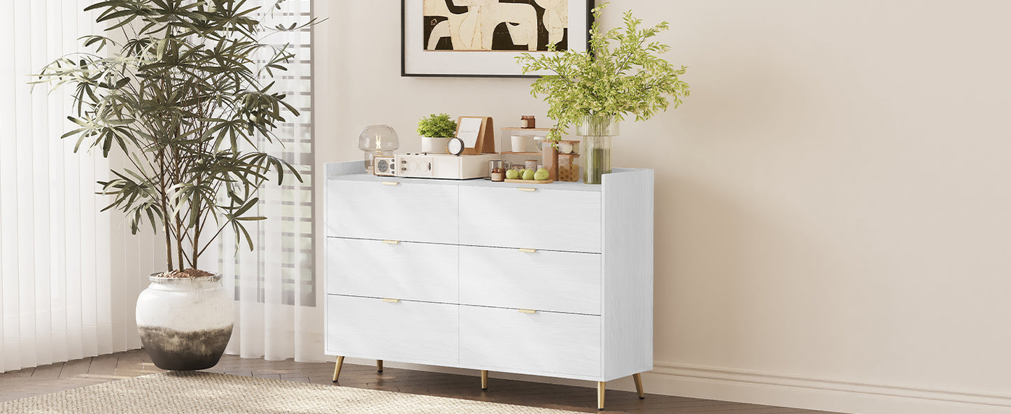 55" Long 6 Drawer Dresser with Marbling Worktop, Mordern Storage Cabinet with Metal Leg and Handle for Bedroom, White