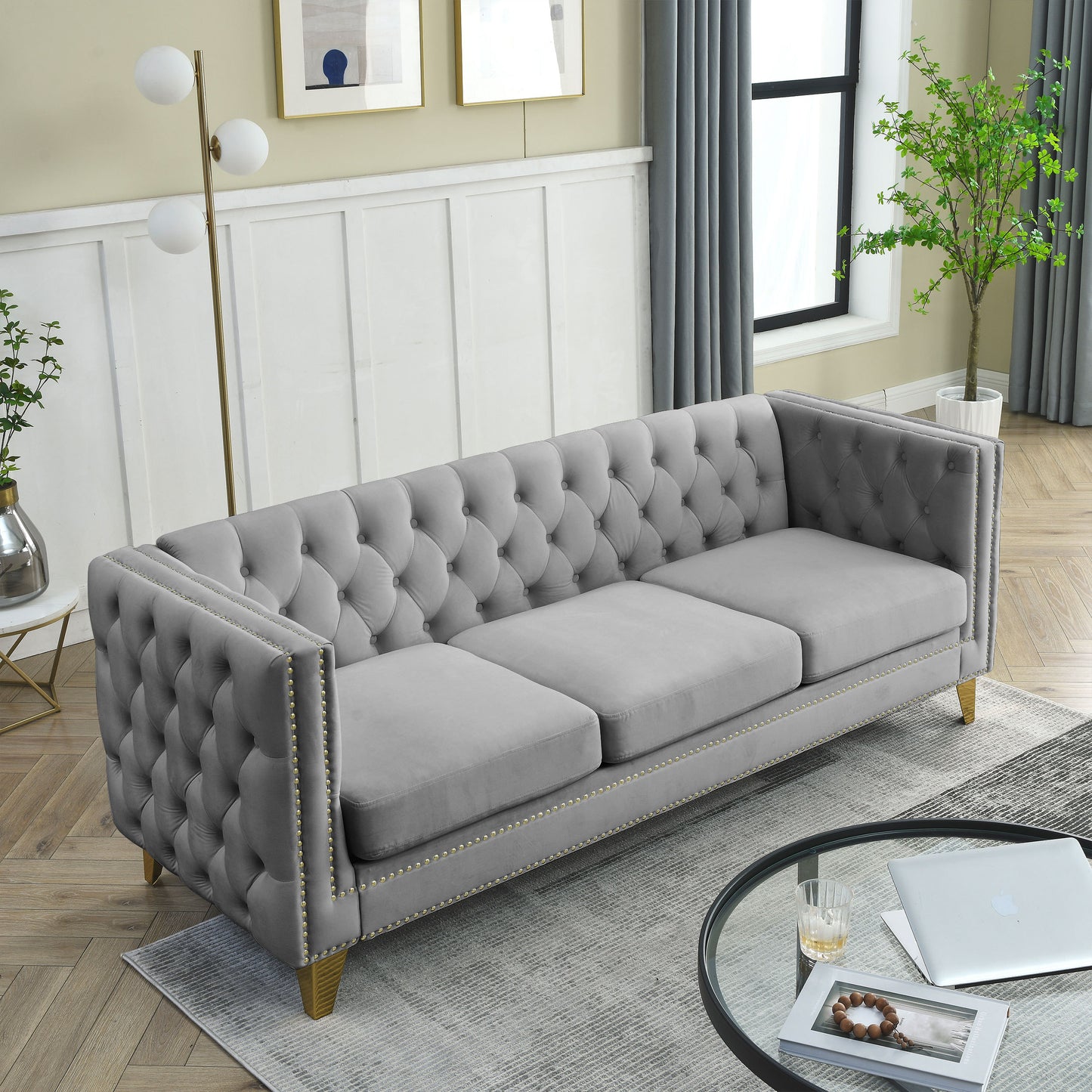 Velvet Sofa for Living Room,Buttons Tufted Square Arm Couch, Modern Couch Upholstered Button and Metal Legs, Sofa Couch for Bedroom, Grey Velvet .2PCS