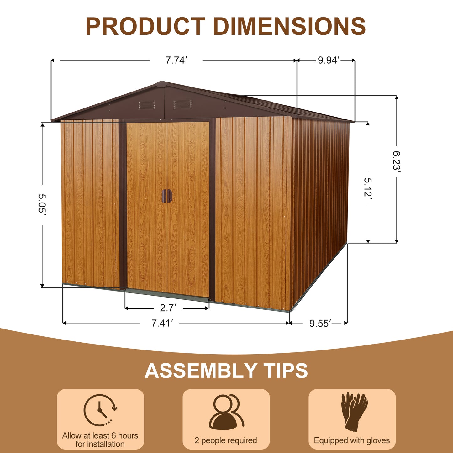 8ft x 10ft Outdoor Metal Storage Shed with Metal Foundation,Coffee