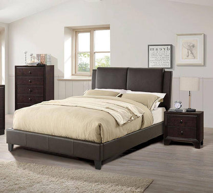 Queen Size Bed 1pc  Bed Set Brown Faux Leather Upholstered Two-Panel Bed Frame Headboard Bedroom Furniture