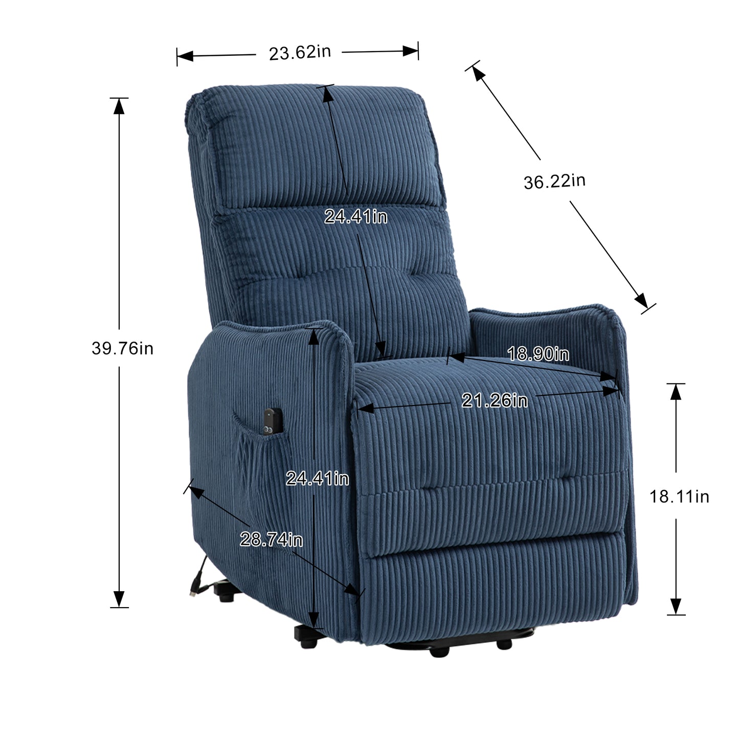 COOLMORE Recliner Chair, Electric Recliner Chairs for Adults, Side Pocket Power Reclining Chair Pocket Springs Seat Cushion, Corduroy Fabric Recliner Sofa for Living Room, Bedroom, Home Theater (Navy)