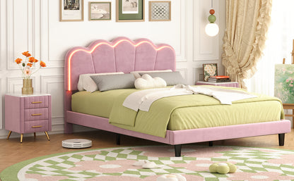 Queen Upholstered Smart LED Bed Frame with Elegant Flowers Headboard,Floating Velvet Platform LED Bed with Wooden Slats Support,Pink