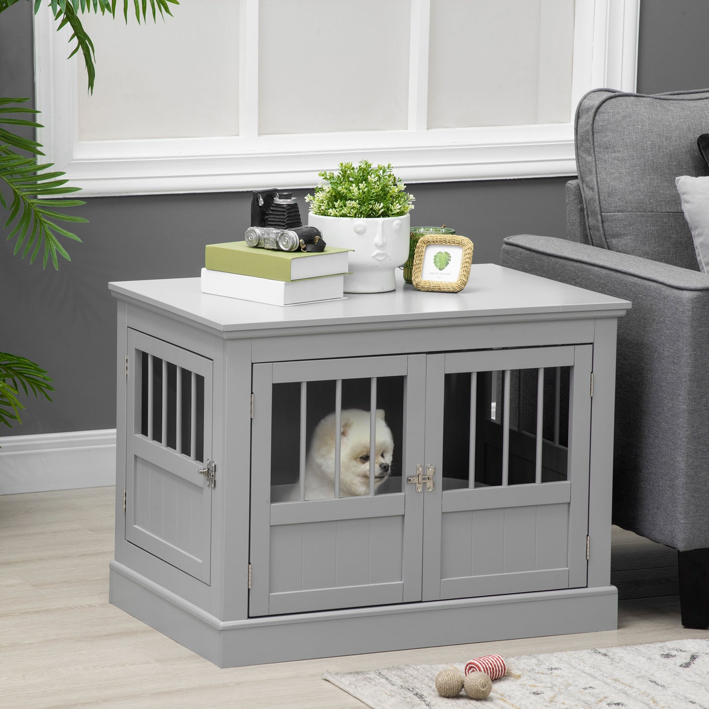 PawHut Dog Crate End Table with Triple Doors, Wooden Dog Crate Furniture Indoor Use, Puppy Crate with and Steel Tubes, for Small Dogs, Pewter Gray