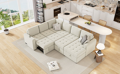 107.5" U-shaped Sofa Sectional Sofa Pull-out Sofa bed with a Storage Chaise Lounge, Charging Devices for Living Room, Beige