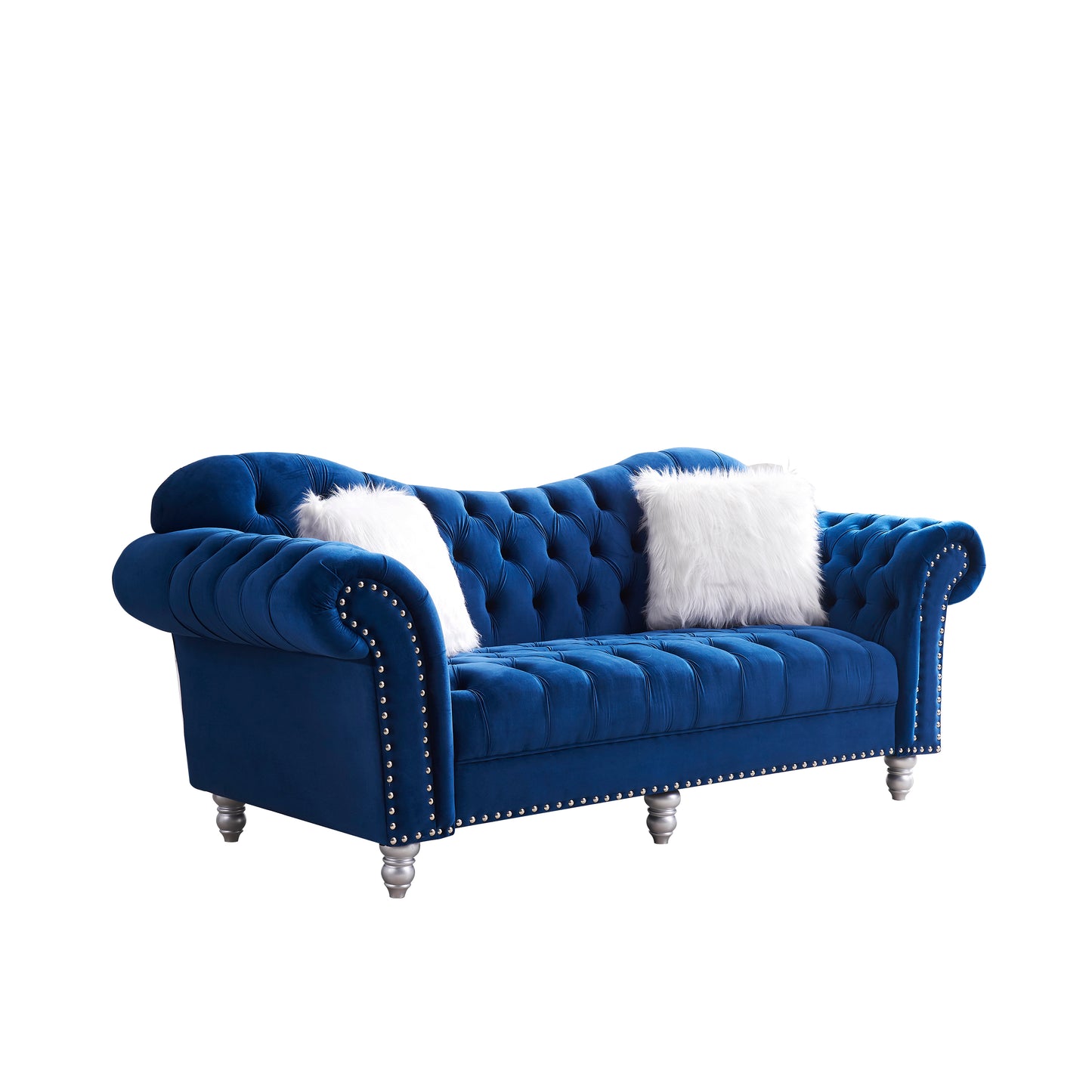 3 Piece Living Room Sofa Set, including 3-Seater Sofa, Loveseat and Sofa Chair, with Button and Copper Nail on Arms and Back, Five White Villose Pillow, Blue.