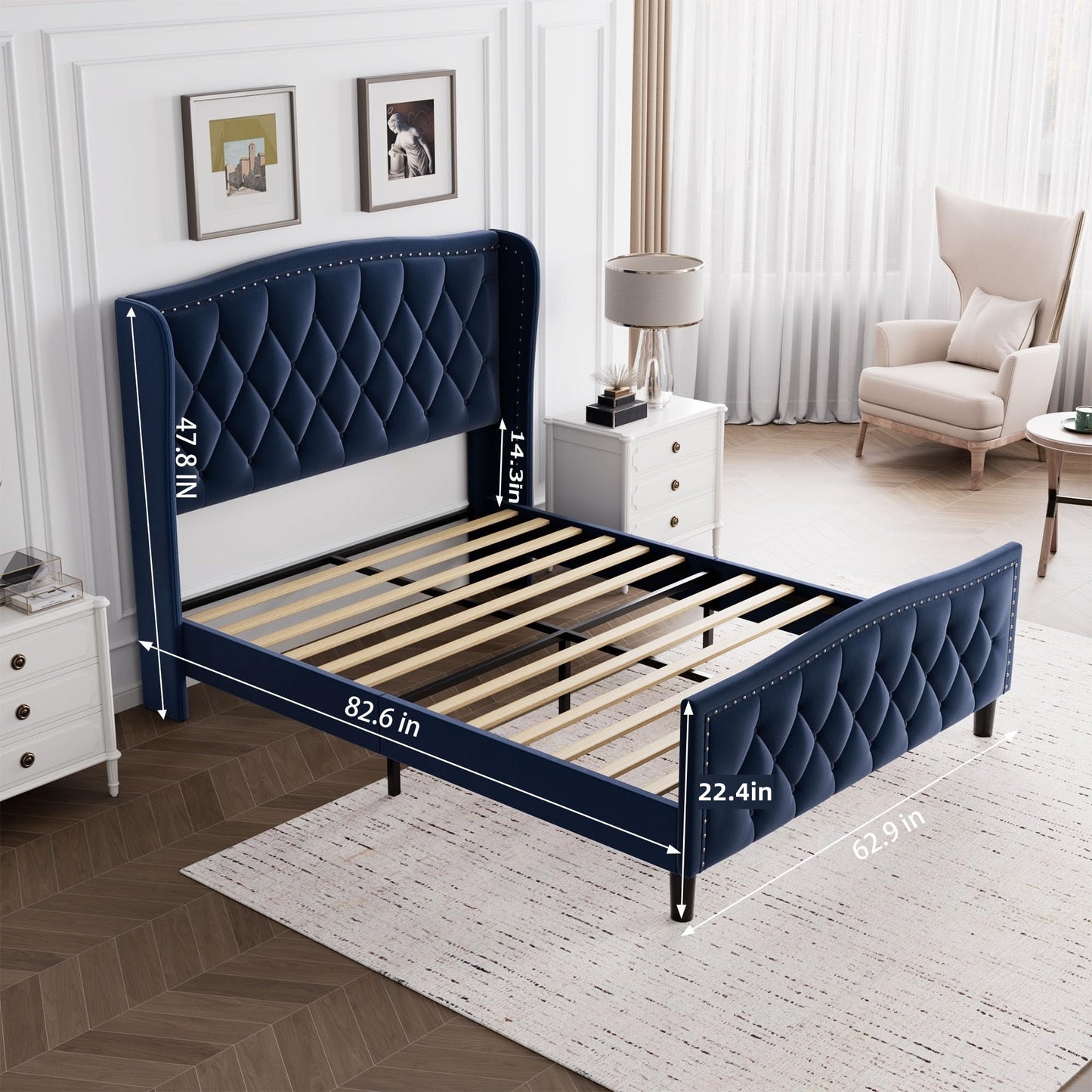 Queen Size Bed Frame, Modern Upholstered Platform Bed with Wingback Headboard, Velvet Bed Frame with Wood Slat Support, Easy Assembly, No Box Spring Needed(Blue, Queen)