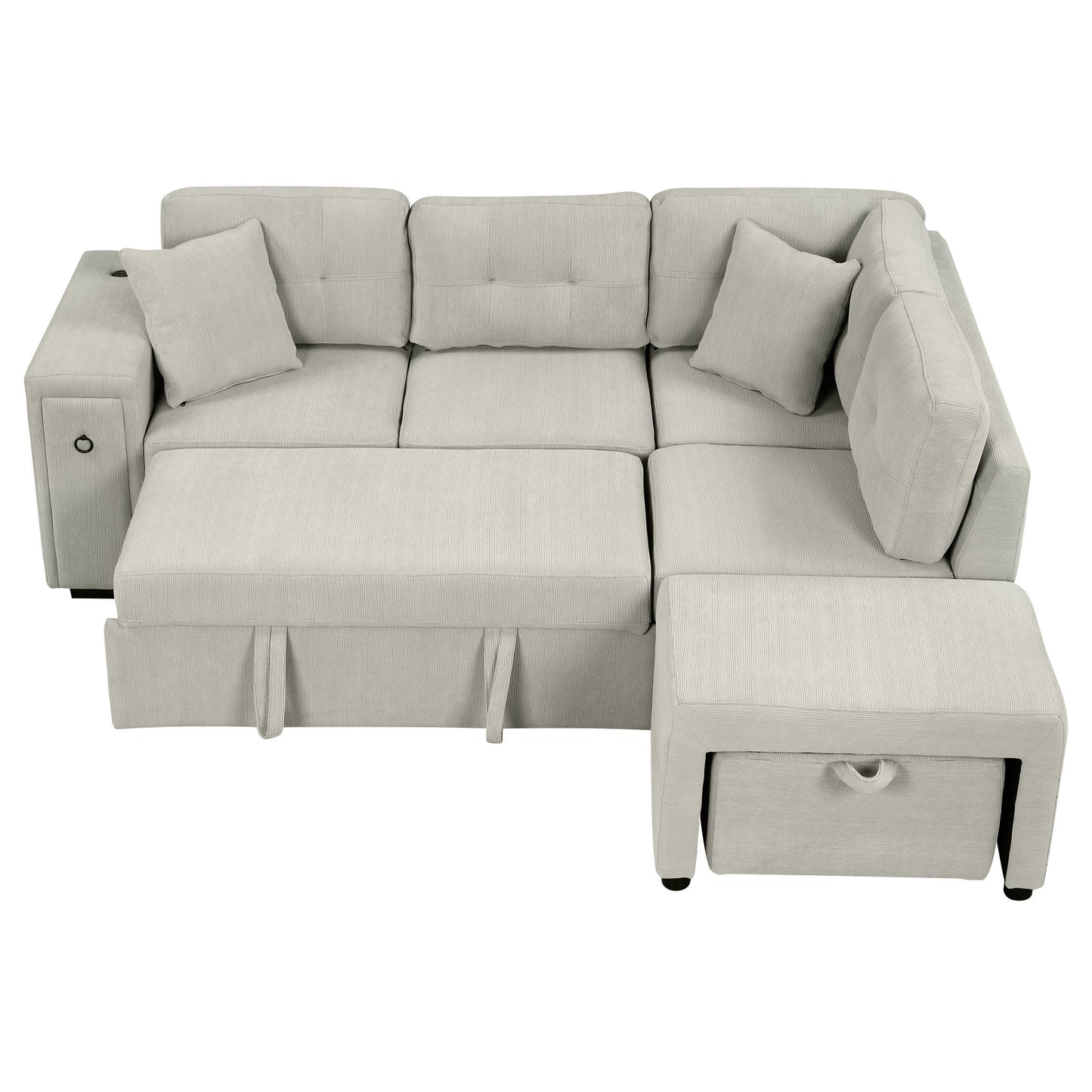 86.6" Sectional Sofa L-shaped Sofa Couch Pull-out Sofa Bed with a Movable Ottoman, Two USB Ports and Two Cup Holders for Living Room, Gray