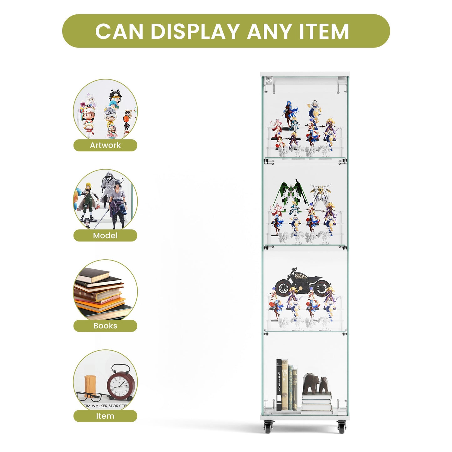 4 Tier Glass Display Cabinet, Single Door Glass Cabinet with Lock and Wheels, Floor Standing Storage Cabinet with 3 Acrylic Shelves for Living Room, Bedroom and Office, White, 15.8"L x 14.2"W x 65.1"H