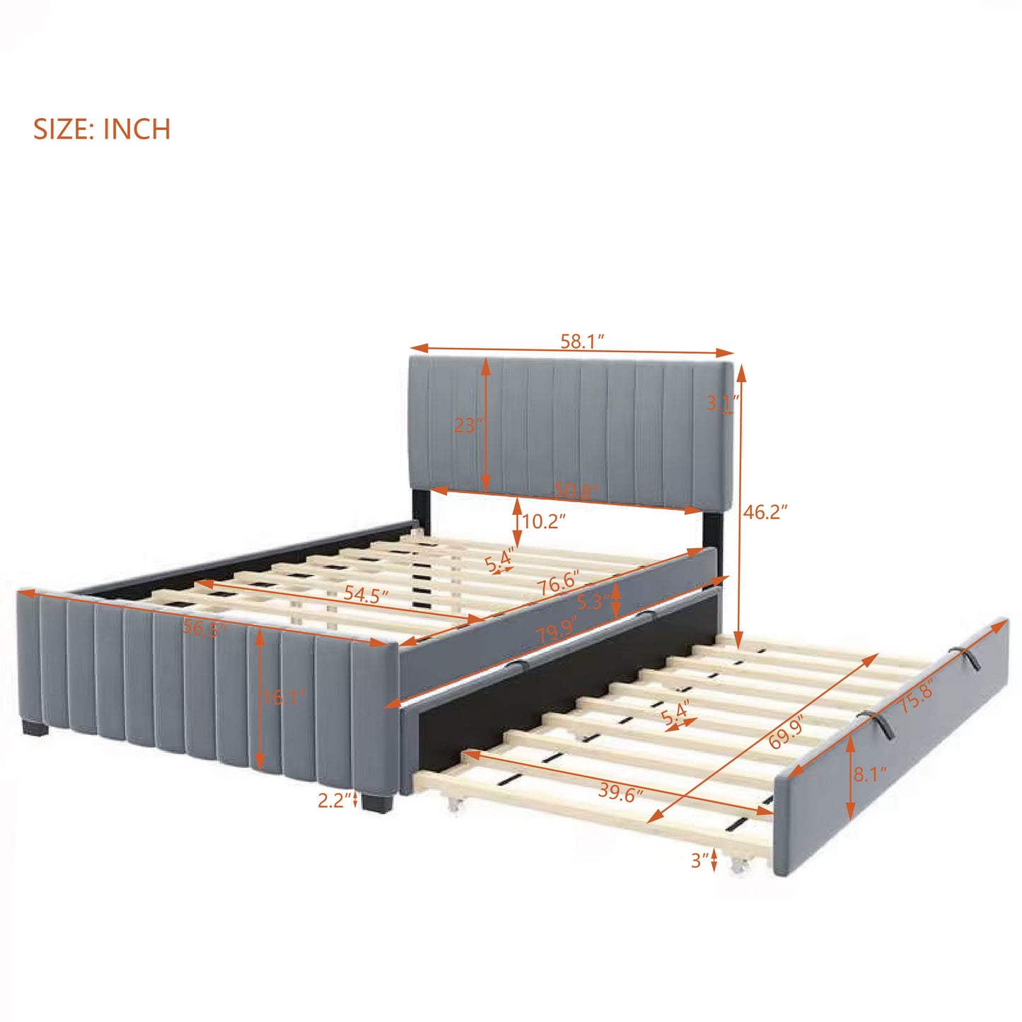 Full Size Velvet Upholstered Platform Bed with Twin Size Trundle, Gray