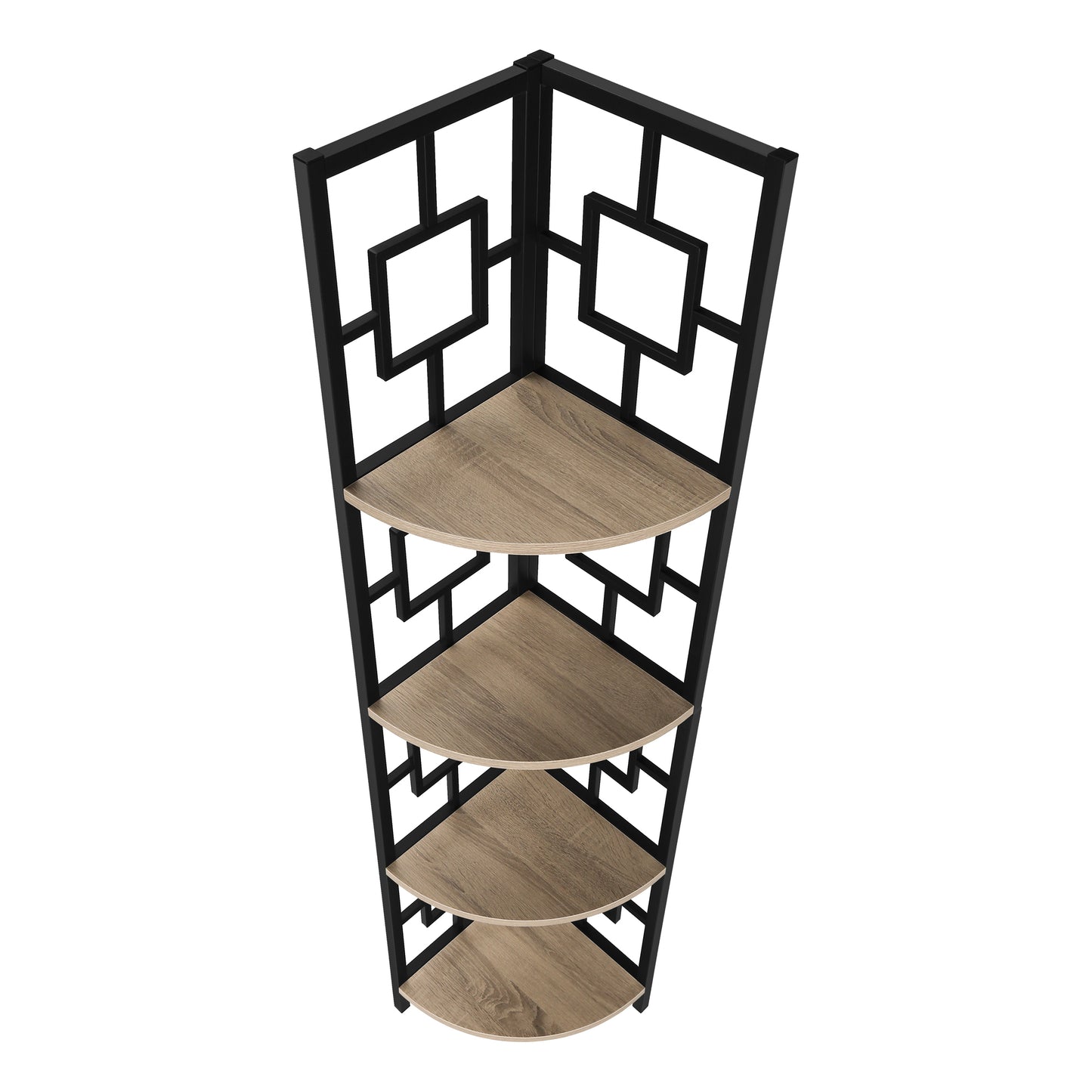 Bookshelf, Bookcase, Etagere, Corner, 4 Tier, 62"h, Office, Bedroom, Brown Laminate, Black Metal, Contemporary, Modern