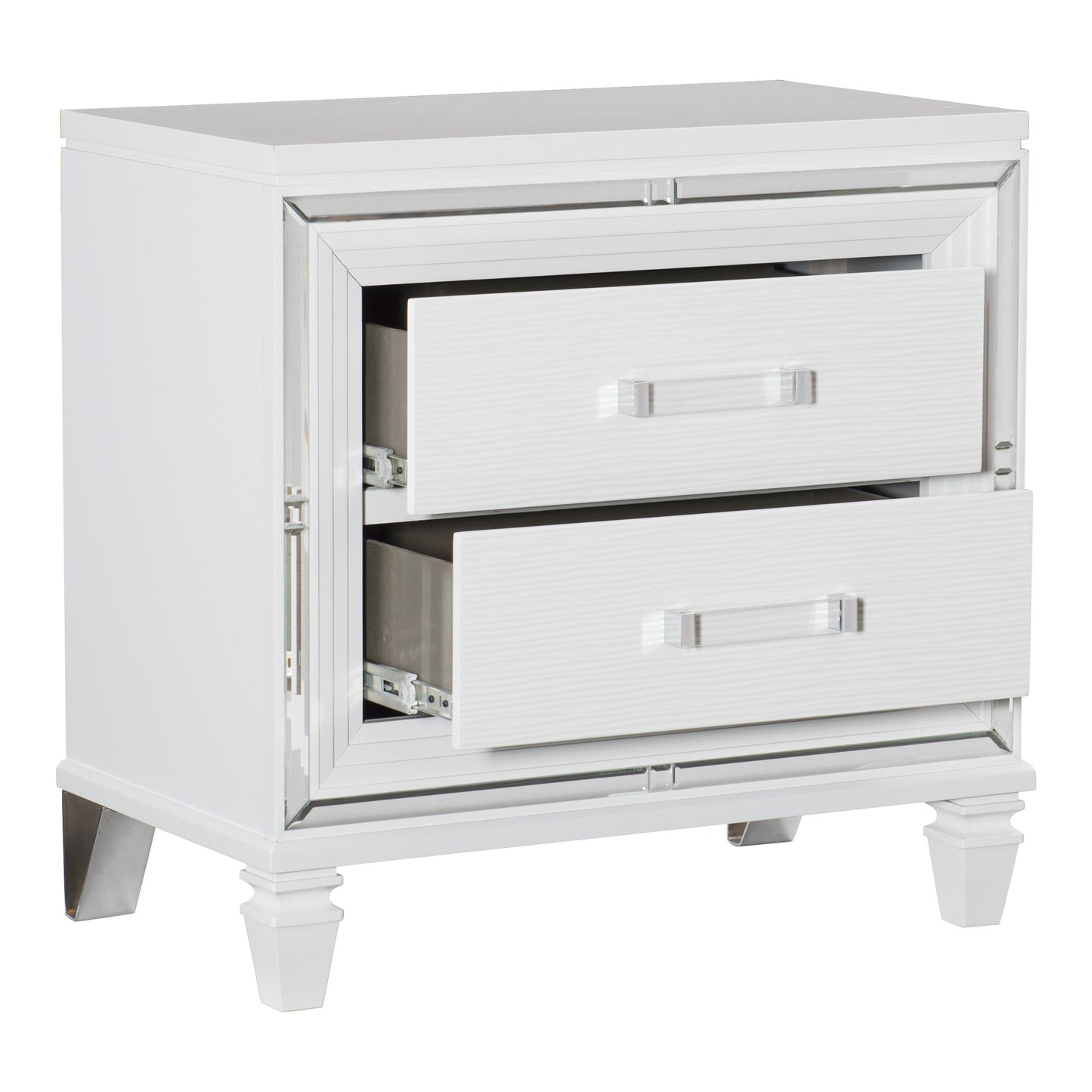 Glamorous White Silver Finish 1pc Nightstand of 2x Drawers Acrylic Bar Pulls Stylish Bedroom Furniture