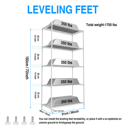 5 Tier Shelf Wire Shelving Unit - 5T-1636-W-LKJ, 72H