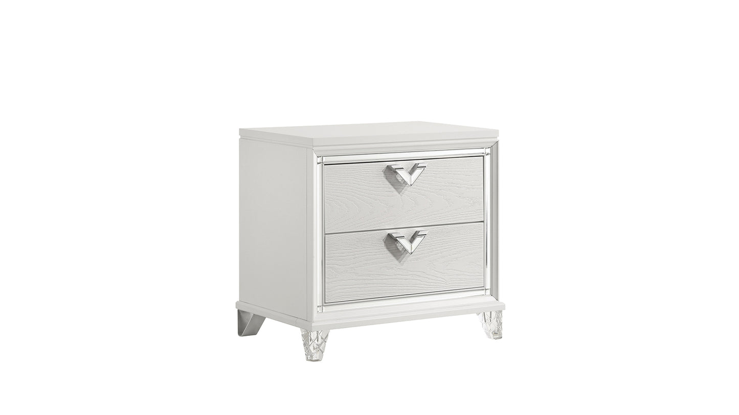 Modern Style 2-Drawer Nightstand with LED Glow & V-Shape Handles in White
