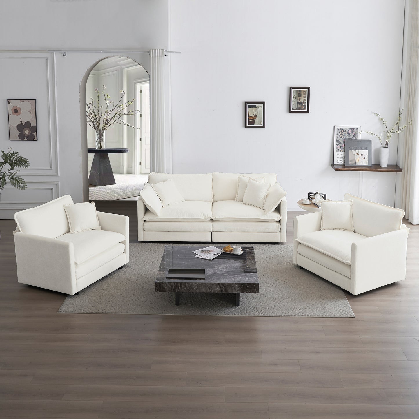 3 Piece Sofa Set with Arm Pillows and Toss Pillows , Sofa Set Include 2- Piece of Arm Chair and One 2-seat Sofa, Space Saving Casual Sofa Set for Living Room, White Chenille