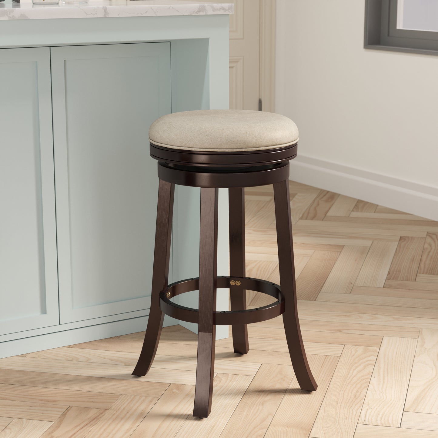 30" Bar Stool, Espresso Finish, Beige Fabric Seat