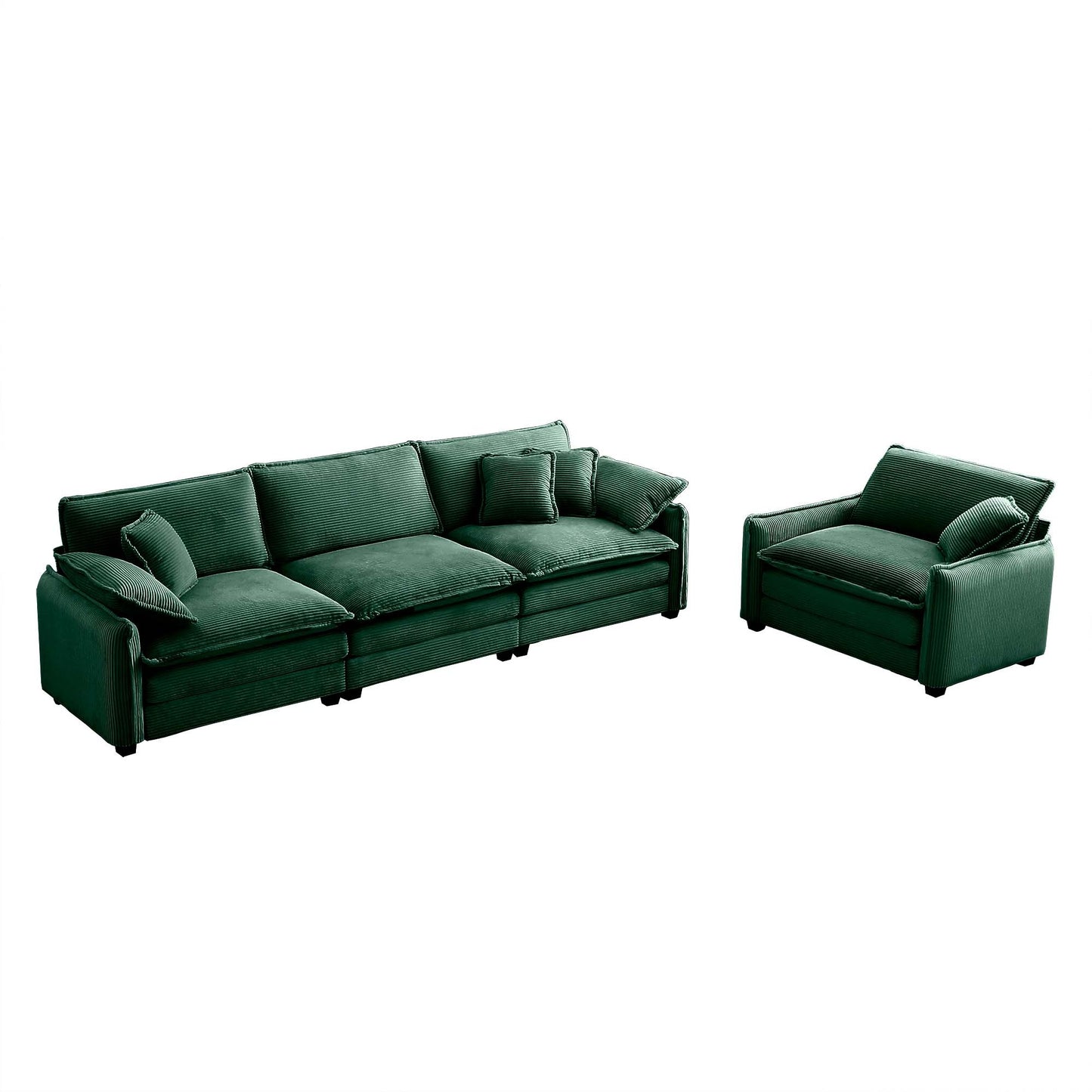 Mid-Century Modern Sofa Set of Two, One 3-Seater Sofa and One Single Seat Sofa with 2 Arm Pillows and 4 Throw Pillows,2 Pieces Sofa Set for Living Room,Green Corduroy Fabric