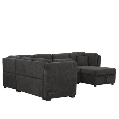 108.6" U-shaped Sectional Sofa Pull out Sofa Bed with Two USB Ports, Two Power Sockets, Three Back Pillows and a Storage Chaise for Living Room, Black