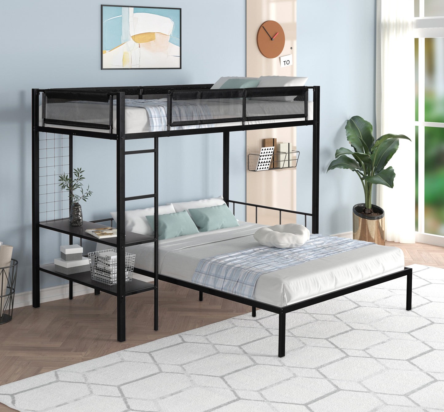 Metal Twin over Full Bunk with Shelves & Grid Panel/ Sturdy Metal Bed Frame/ Noise-free Wood Slats/ Comfortable Textilene Guardrail/ Built-in 2-tier Shelves & Grid Panel/ Separated Full size Bed