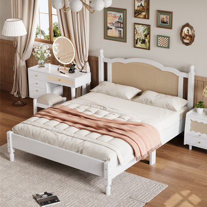 Queen Size Wooden Platform Bed with Natural Rattan Headboard, Vintage Bed Frame with Wooden Slat Support, White