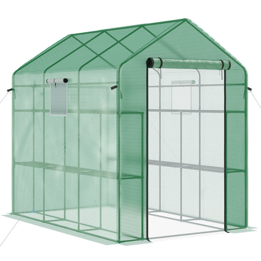 Outsunny 7' x 5' x 6' Walk-in Greenhouse with Mesh Door and Windows, 18 Shelf Hot House with Trellis, Plant Labels, UV protective for Growing Flowers, Herbs, Vegetables, Saplings, Green