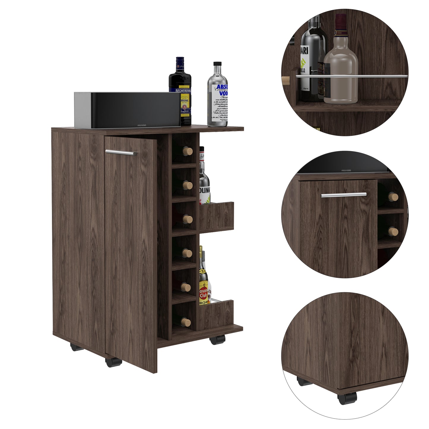 Bar Cart, Four Casters, Single Door Cabinet, Two External Shelves, Dark Walnut