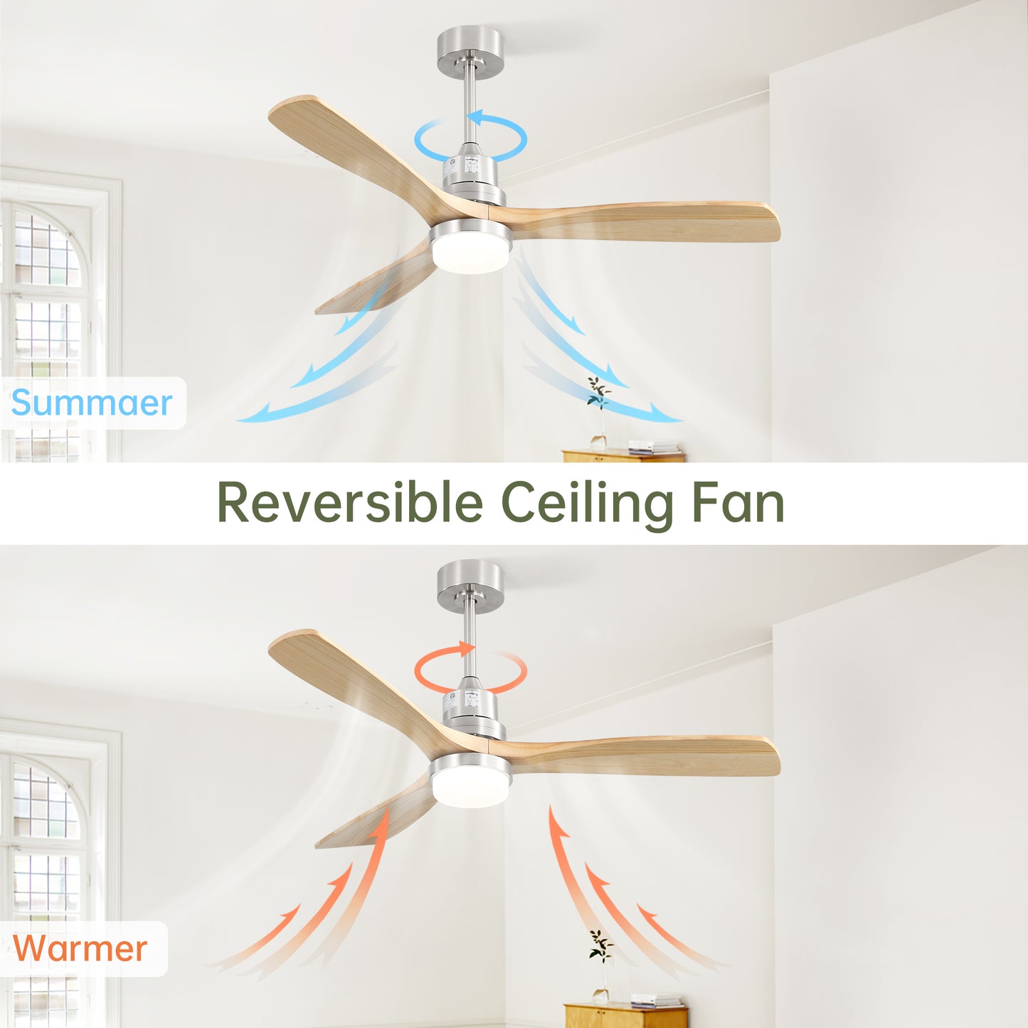 52 Inch Ceiling Fan With Dimmable Led Light 6 Speed Remote 3 Wood Blade Reversible DC Motor For Bedroom