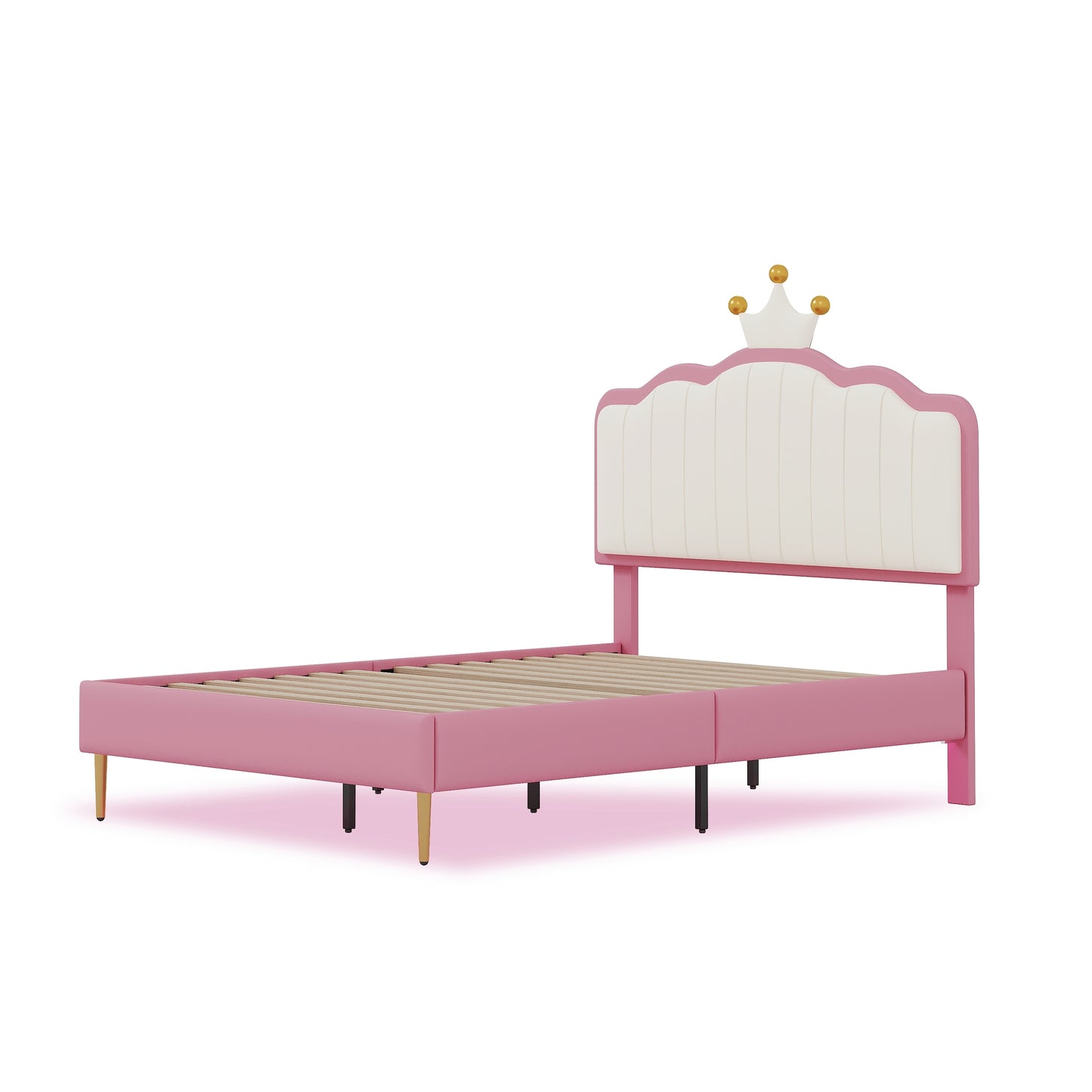 Twin size Upholstered Princess Bed With Crown Headboard, Platform Bed with  with Light Strips,Golden Metal Legs, White+Pink