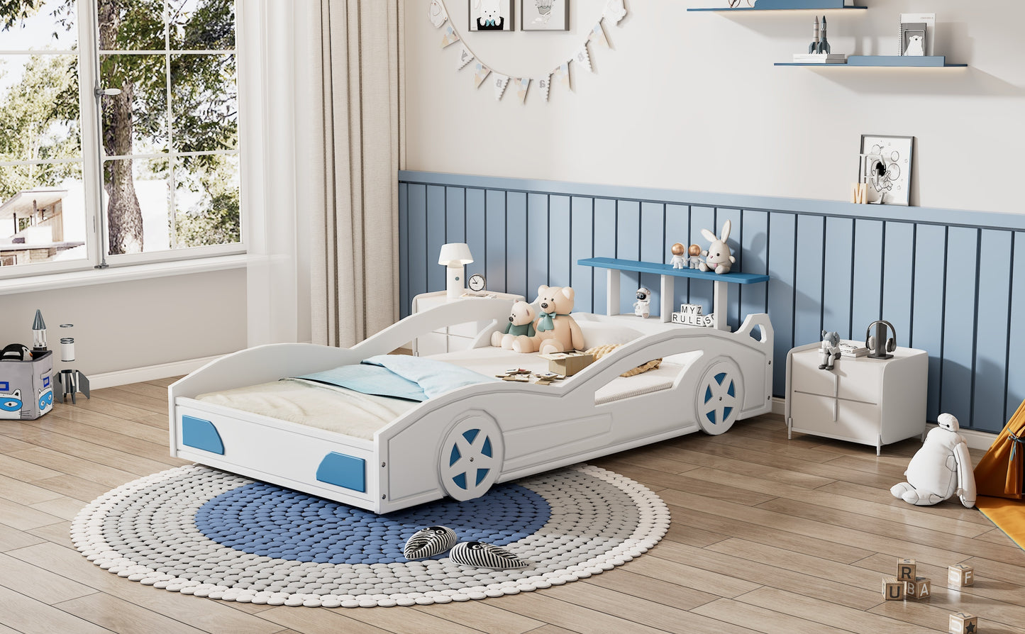 Wooden Race Car Bed,Car-Shaped Platform Twin Bed with Wheels For Teens,White & Blue