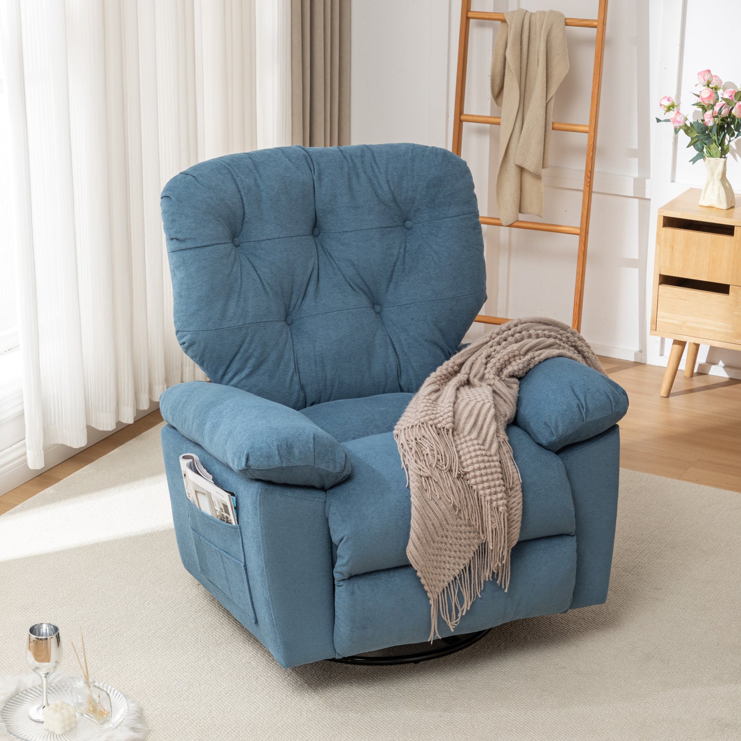 Blue Relaxing Recliner Chair,Soft Artificial Fleece, Overstuffed, Swivel, Glider, Side Pocket