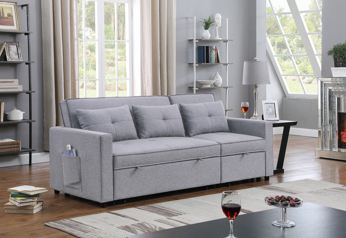 Zoey 79.75" Light Gray Linen Convertible Sleeper Sofa with Side Pocket