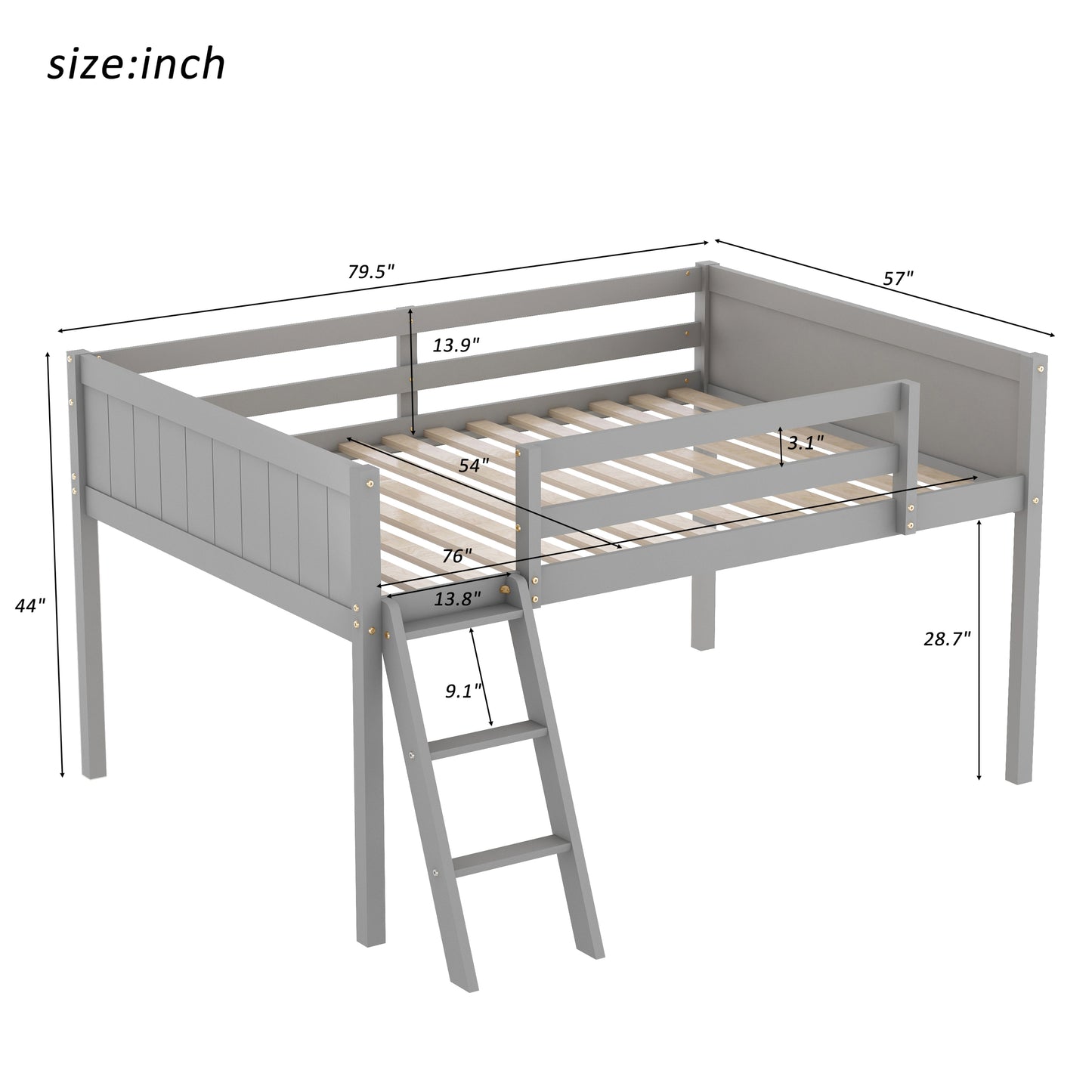 Full Size Wood Low Loft Bed with Ladder, ladder can be placed on the left or right, Gray (Old SKU:GX000366AAE)