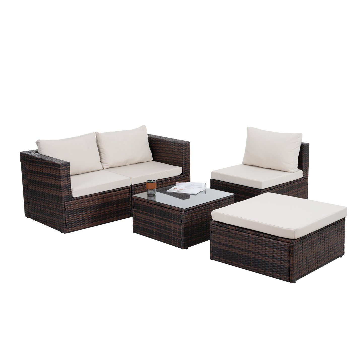 Patio Furniture, Outdoor Furniture, Seasonal PE Wicker Furniture, 5 Set Wicker Furniture With Tempered Glass Coffee Table,