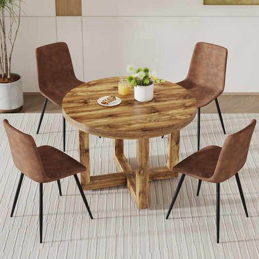 A modern and practical circular dining table. Made of MDF tabletop and wooden MDF table legs.A set of 4 brown cushioned chairs in a modern medieval style restaurant.  CT-403   B0502A