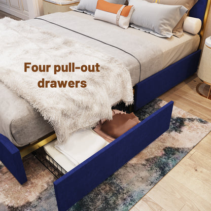 Queen Size Bed Frame and 59.06" Headboard, Upholstered Bed with Golden Plating Trim, Modern Platform Bed No Box Spring Needed, Navy Blue Queen Bed